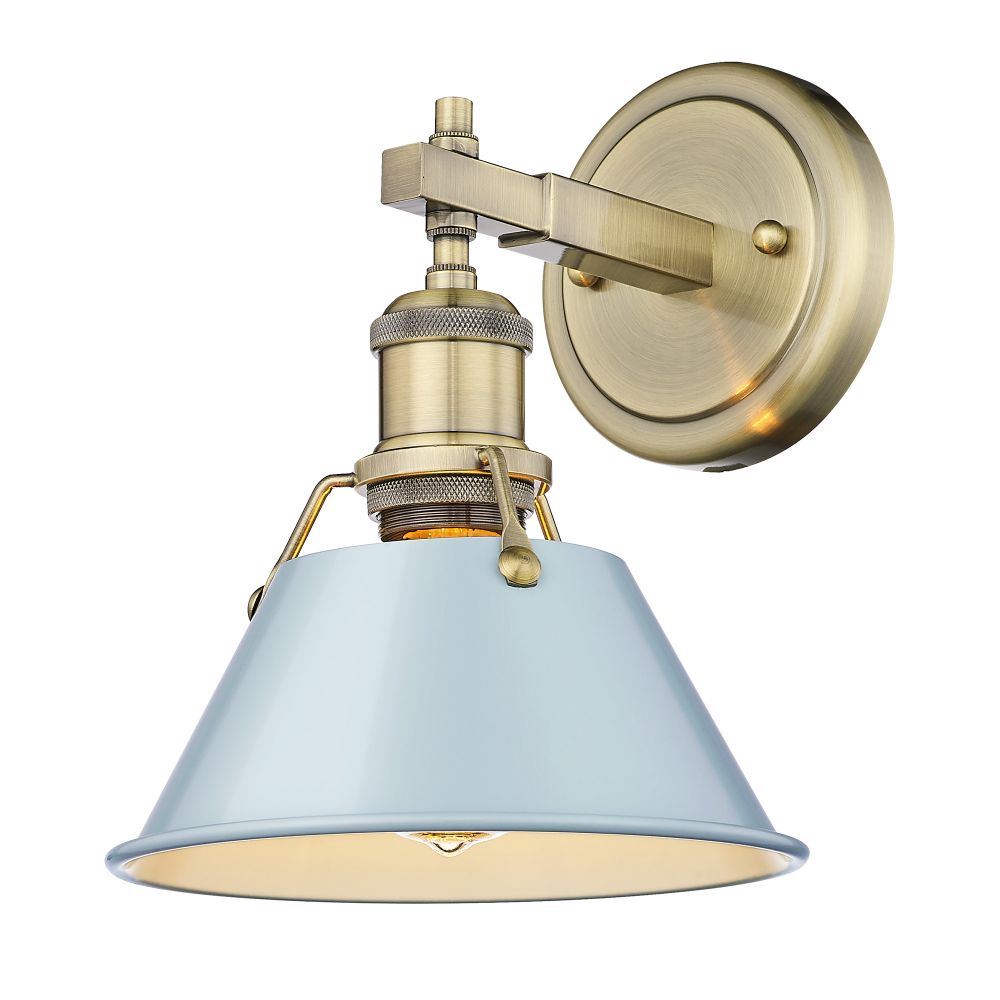 Golden Lighting 3306-BA1 AB-SF Orwell AB 1 Light Bath Vanity in Aged Brass with Seafoam Shade Shade